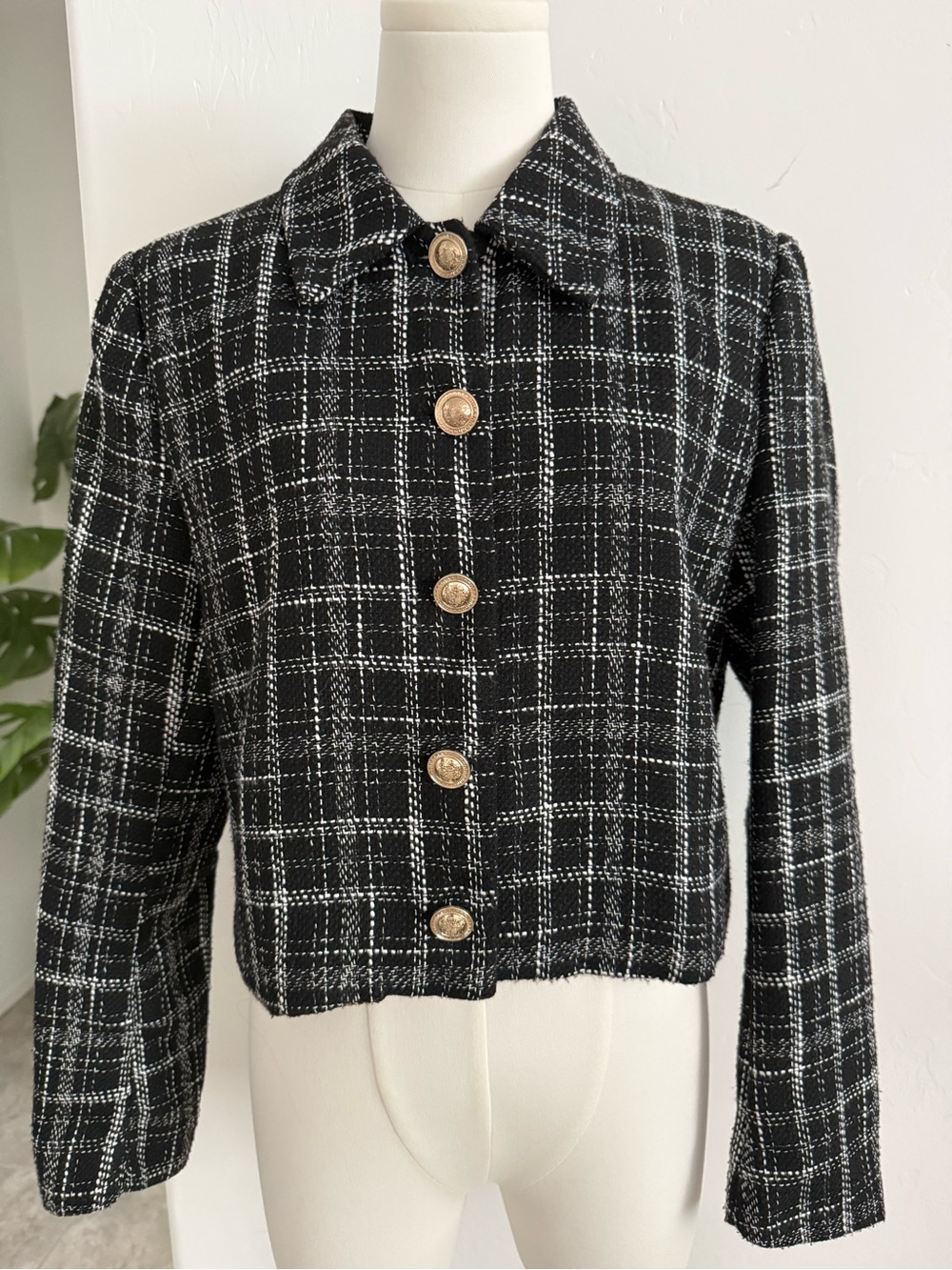 Zara Black and White Plaid Tweed Cropped Jacket with Gold Buttons